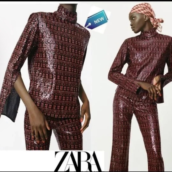 NWOT Zara high collar sequin top with adjustable slit sleeves size xs - Picture 4 of 9